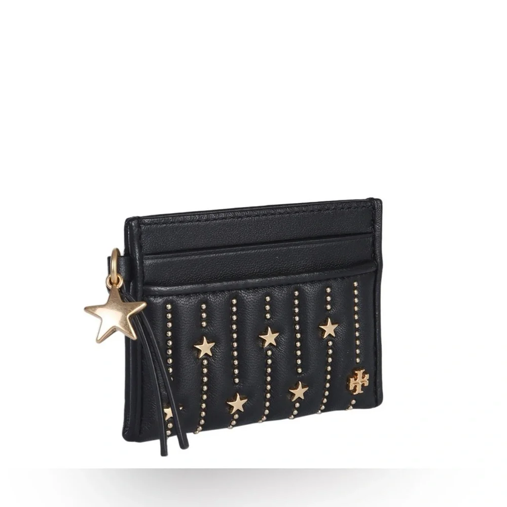 Tory Burch Black leather Card Holder with Gold Star Accents